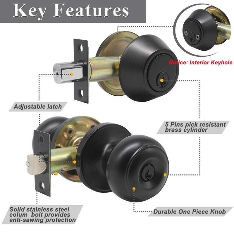 Probrico Keyed Alike Round Ball Entry Door Knob and Double
