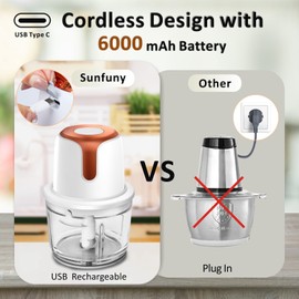 Sunfuny Cordless Food Processor, Mini Food Chopper Wireless with 5-Cup Glass Bowl, 6000mAh Battery USB-C Rechargeable Vegetable Chopper, Electric Meat Blender Garlic Grinder Kitchen Mixer (Rose Gold)
