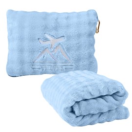 ZJRUIXI Travel Blanket and Pillow-2-in-1, Ultra-Soft&Compact, One-Piece Airplane Blanket with Hand Luggage Belt and Backpack Clip,Travelers Accessories Gifts, 61x43 Inches (Blue)