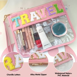 Chenille Letter Clear Zipper Flat Pouch Transparent Waterproof Stuff Cosmetic Bags Travel Makeup Bag with Zipper Toiletry Bag with Preppy Patch for Women & Children, Travel, Gym, Beach