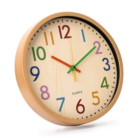 bakbrand Kids Wall Clock Silent Non-Ticking Colorful Childrens Clock Round Decorative Wall Clocks for Classroom, School, Office, Bedroom, Living Room, Kitchen (Bamboo Grain, 12 inch)