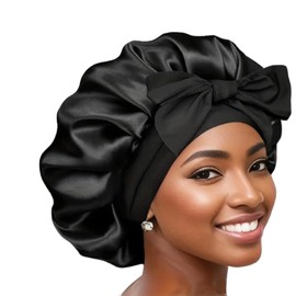 Boolavard Silk Bonnet for Sleeping, Satin Bonnet for Women, Double Layer Hair Bonnet with Satin Lining and Tie, Curly Hair (Black, One Size)