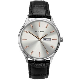 Sekonda Black Leather Silver and Rose-Gold Dial Strap Watch 1686