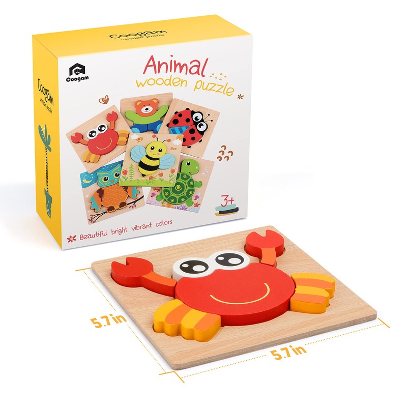Coogam Wooden Jigsaw Puzzle Set, 6 Pack Animal Shape Color