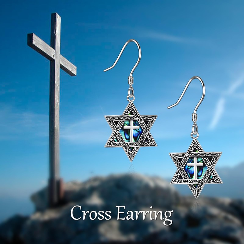 Star of David Earring for Women Sterling Silver Cross Abalone