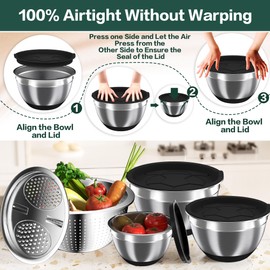 Mixing Bowls with Airtight Lids, Stainless Steel Mixing Bowl Set with 3 Metal Nesting Bowls, Colander & Grater, Non-Slip Bottoms, Size 1.5, 2.5, 5 QT, Great for Mixing & Serving, Black
