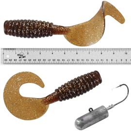 2pcs Fishing Root Beer 10" w/Curly Tail Extended Perch Grub Fat Chubby Soft Lure + 1pc 10oz Bullet Jighead 10/0 MUSTAD 32786 Hook 2X Strong Black Nickel Hook Plain