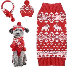 SKXEO Dog Christmas Jumper Set of 3 Pet Hat Scarf Sweater Snowflake Christmas Costume Knitting Outfits Puppy Cat Holiday Clothing