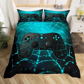 Homemissing Gamer Bed Linen Set 135 x 200 cm Gaming Honeycomb Teal Spider Web Duvet Cover for Children Video Game Gamepad Decor Beds with Zip Bedroom Decor