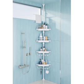XLHOMO 32-122inch Corner Shower Caddy Tension Pole All White, Rustproof Drill-Free Shower Shelves for Bathroom Bathtub Washbasin, Adjustable Shower Organizer with 4 Tier Patent Shelves & Towel Bars