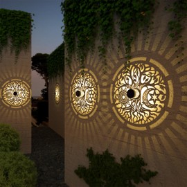 gardencave 2 Pack Solar Fence Lights Solar Outdoor Wall Lights Metal Solar Powered Deck Step Lights Tree Theme Waterproof Fence Solar Light for Garden Post Patio Backyard Yard Decor (Tree, 2 Pack)