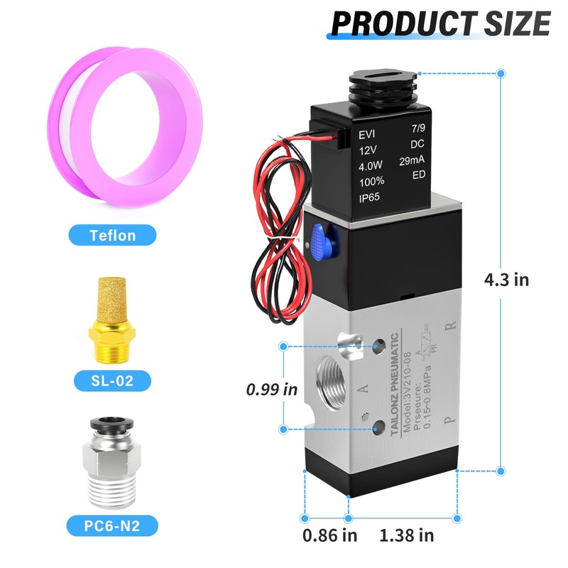 TAILONZ PNEUMATIC 1/4"NPT Solenoid Valve 3V210-08 DC12V Single Coil Pilot-Operated