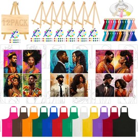 Fullhawl 12 Sets Sip and Paint Kit Pre Drawn Canvas Afro King Queen Canvas Painting Set Pre Drawn Stretch Canvas Kit for Painting (Afro Couple)