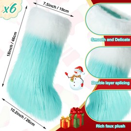 Floraltop 6 Pcs Faux Fur Christmas Stockings with 6 Stocking Name Tags, 18" Large Xmas Stockings Furry Elf Ornaments Christmas Hanging Ornaments for Fireplace Xmas Tree Decor(Cyan and White)