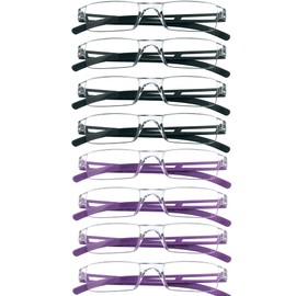 VisionGlobal 8 Pairs Reading Glasses, Blue Light Blocking Glasses, Computer Reading Glasses for Women and Men, Fashion Square Eyewear Frame (4black+4purple,+4.00 Magnification)