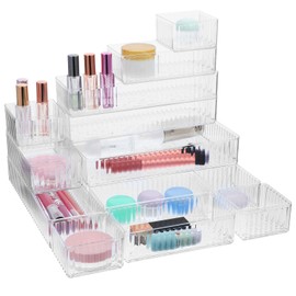 MAQUITA 18 PCS Clear Plastic Drawer Organizer Set - 4 Large Size Versatile Kitchen and Bathroom Organizer Trays, Non-Slip Storage Bins for Makeup, Utensils, Tool and Office Desk