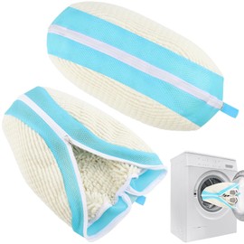 Dntorx Pack of 2 Shoe Wash Bags, Washing Machine, 40.5 cm x 27 cm, Reusable Shoe Bag, Laundry Bag, Large with Zip, Laundry Bag, Shoes Large for Washing Machine (White + Blue)