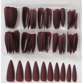 LoveOurHome 100pc Stiletto Press on Nails Long Fake Nails Matte Stiletto Nails Press ons Nail Maroon Red Artificial Fingernails Long Pointy False Nails Full Cover Acrylic Nail Tips for Women Girls