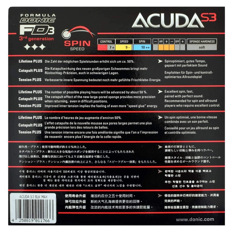 Donic Acuda S3 Table Tennis Rubber (Max, Black)