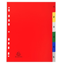 Exacompta - Ref 2506E - PP Printed Indices - For Use With A4+ Documents, 0.1mm Polypropylene, Pre-Punched, Soft & Tear Resistant - 6 Divider Parts (1-6) - White With Coloured Tabs