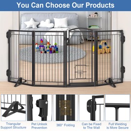 Metal Free Standing Dog Gate with Cat Door for Indoor/Outdoor,80" Extra Wide Foldable Pet Gate,36" Tall Puppy Fence for Large Openings Stairs,Deck,Yard,Doorways(4 Panels,Black)
