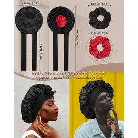 Reversible Satin Bonnet for Sleeping Women Silk Bonnet Double Layer Hair Bonnet with 2PCS Hair Scrunchies Elastic Tie Band Night Cap Hair Wrap for Natural Curly Hair (Black+Red)