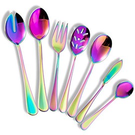 Color rainbow Serving utensils set. Stainless Steel Large Hostess Flatware Sets 7-Piece Includes Silverware Large Salad Serving Spoons, Forks & Slotted Spoons,sugar spoons,butter knife.Dishwasher Safe