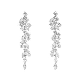 Long Cubic Zirconia Earrings Women Silver Diamond Leaf Chain Earrings Wedding for Bridesmaid Ladies, Silver