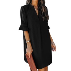 JOCAFIYE Women Summer Dress V Neck Casual Loose Solid Color Shift Dresses Maternity Dress Wedding Guest Dress for Women Black L