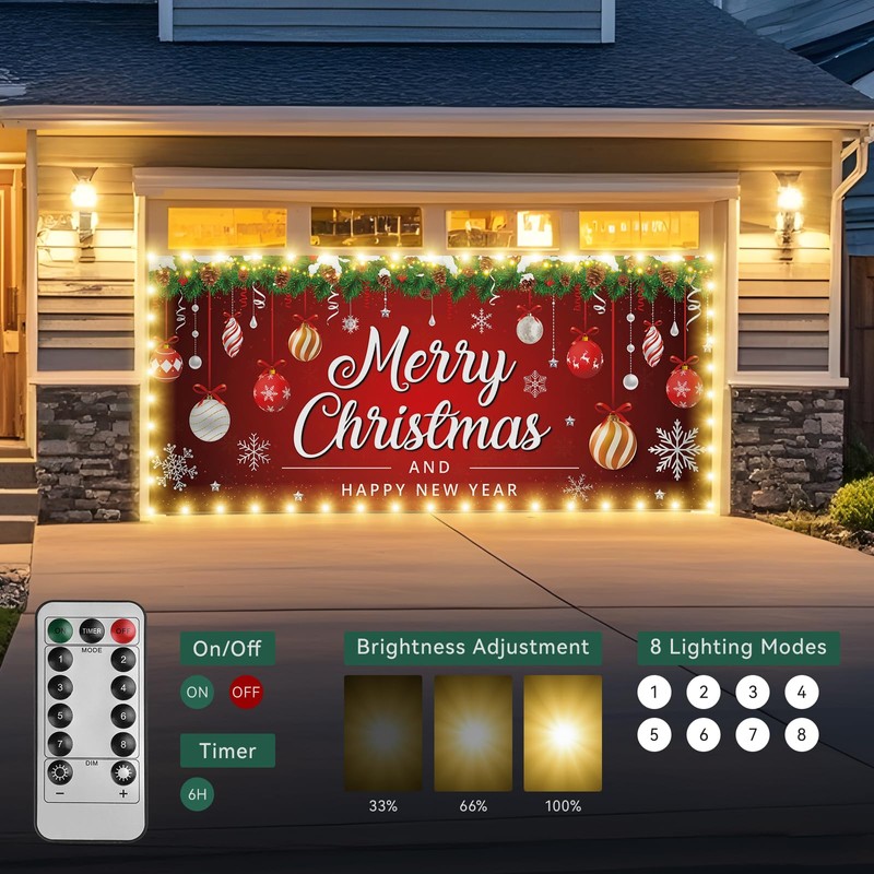 Vrainito 7x16ft Christmas Garage Door Cover with LED String Lights,