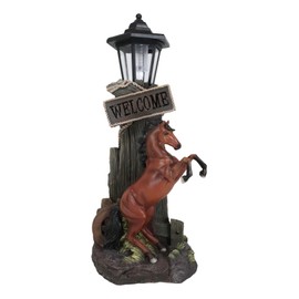 Ebros Large Rustic Country Western Rearing Chestnut Horse by Farm Outpost with Welcome Sign Statue Equipped with Solar LED Lantern Light Stallion Horses Decor Figurine for Patio Poolside Garden Home