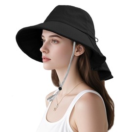 ehsbuy Women's Cotton Wide Brim Foldable Summer Bucket Hat Lightweight with Neck Flap and Adjustable Chin Strap Gifts for Beach Gardening Safari Outdoor, black, Unit size