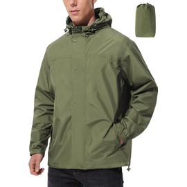 UIQUR Rain Coat for Men Lightweight Waterproof Windbreaker 2 Pockets Foldable Rain Jacket with Hood for Travel Outdoor Bike(Army Green, 3X-Large)