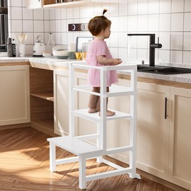 INNOD Kitchen Step Stool for Toddlers, [Thicker Tube Upgraded] Anti-Tip Toddler Tower with Safety Rail, Height Adjustable Helper for Kids, Learning Tower, White Bigger