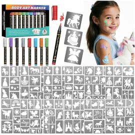 Unicorn Temporary Tattoo Markers for Kids, 8 Metallic Markers and 136+ Temporary Tattoo Stencil Designs for Christmas Favor, Cosmetic Tattoos Pens for Boys and Girls