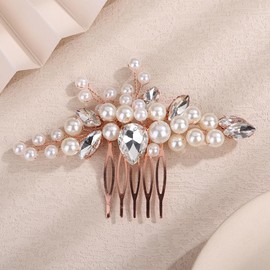 Teyglen Wedding Pearl Hair Comb Rose Gold Pearl Crystal Hair Piece Elegant Bride Wedding Hair Comb Decorative Hair Accessories for Women Pearl Rhinestone Headpiece (Rose gold)