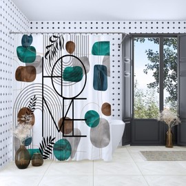 Teal and Grey Boho Shower Curtain, Mid Century Abstract Modern Minimalist Aesthetic Arch Curve Leaves Waterproof Polyester Fabric Shower Curtain Sets for Bathroom - HOME Decor, 72" Long x 72" Wide