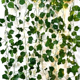 6 Pcs Artificial Hanging Plants Fake Grape Vines with 60 Warm Lights, Grape Vine Leaves, Fake Plant Vine Hanging Garland for Wall, Party, Wedding, Home, Kitchen, Indoor and Outdoor Decoration