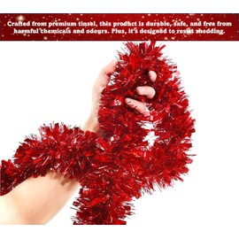 2M/6.5Ft Chunky Metallic Christmas Tinsel Garland - Shiny Red & Green Decor for Trees, Home, Wedding, Party Backdrop & Indoor/Outdoor Holiday Celebrations (Red)