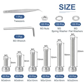 DTGN 500Pcs M3 Metric Screw Assortment, Bolts and Nuts Kit, 304 Stainless Steel M3x6/8/10/12/16/20mm Hex Socket Head Cap Screws Bolt Set With Wrench, Washers, Tweezers
