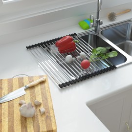 AXIMIXAME Expandable Large Draining Rack, Roll Up Heat-Resistant Dish Drainer for Stainless Steel Sinks, Collapsible Over The Sink Rack Non-Slip Silicone Rolling Up Rack 18 Tube