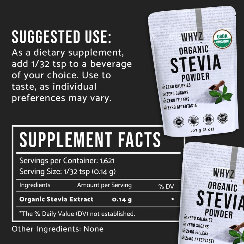 WHYZ Organic Stevia Powder 8 oz USDA Organic Keto &