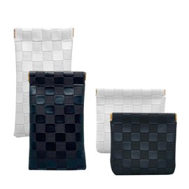 ROBOHOOK 4PCS Small Makeup Bag for Purse,Mini Leather Checkered Cosmetic Purses Lipstick Pouch for Women,Waterproof Portable No Zipper Self-Closing Makeup Pouch(White,Black)