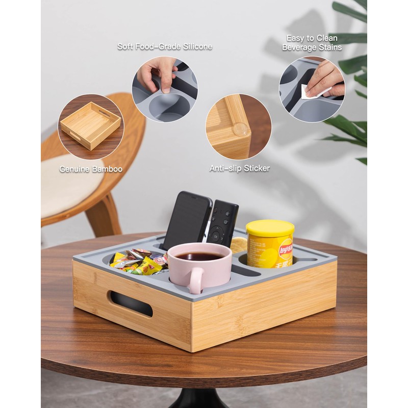 MsJelau Couch Cup Holder with Lid, Silicone Bed Caddy with