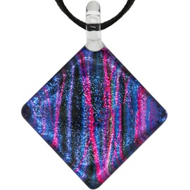 CHUVORA Hand Blown Glass Colorful Striped Square Pendant Necklace for Women, Purple Red Black 16-18 inches