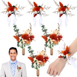 Suncalla 6 Pcs Burnt Orange Corsage and Boutonniere Set Natural Dried Flower Mixed Lagurus Corsage Bracelet Wristlet Band for Bride Bridesmaids Groomsmen Wedding Prom Suit Decorations