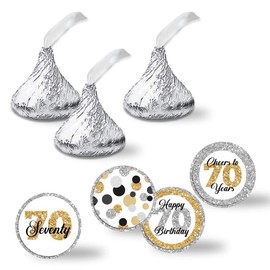 Confetti Polka Dot 70th Birthday Party Kiss Sticker Labels, 300 Party Circle Sticker Sized 0.75” for Chocolate Drop Kisses by AmandaCreation, Great for Party Favors, Envelope Seals & Goodie Bags