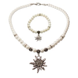 Jewellery Set Costume Necklace Pearl Necklace and Edelweiss Bracelet – Women's Dirndl Necklace and Costume Bracelet for Costume Blouse, Pearl Bracelet Rhinestone Edelweiss Small, Oktoberfest Dirndl