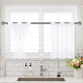 XWZO Sheer Curtains for Bedroom, Light Filtering, Airy & Breathable Faux Linen Voile Grommet Window Curtains for Farmhouse, Villa, Kitchen, White, 42 x 36 Inches Long, Set of 2 Panels