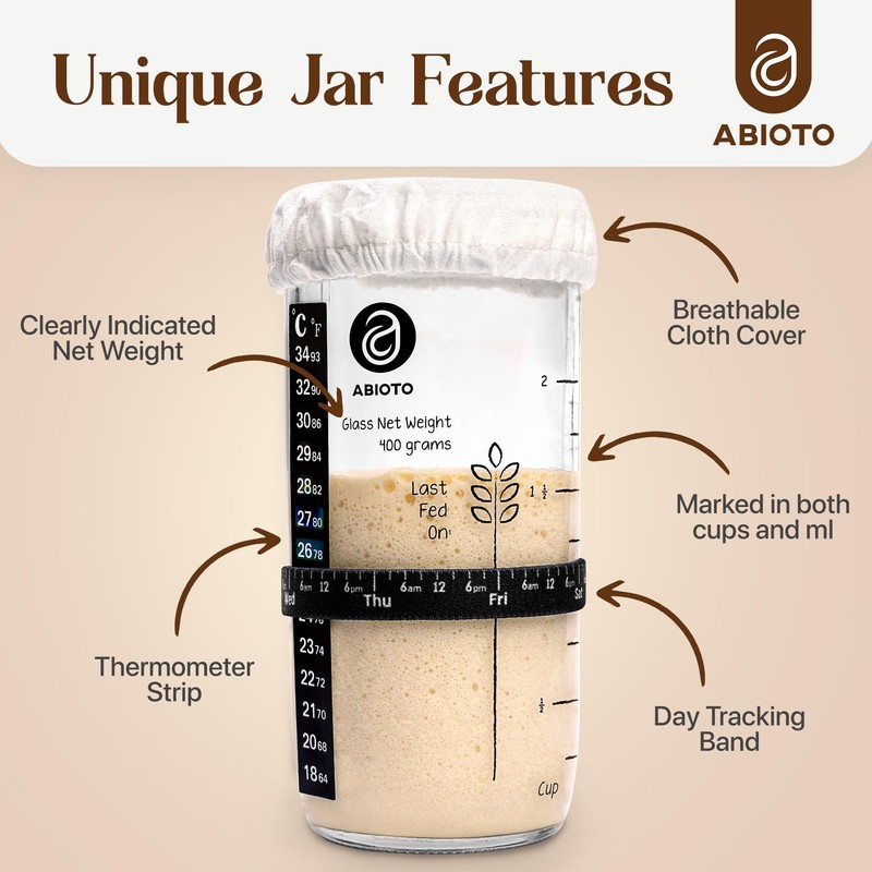 ABIOTO Sourdough Jar Kit, Includes 24 oz Sourdough Starter Jar